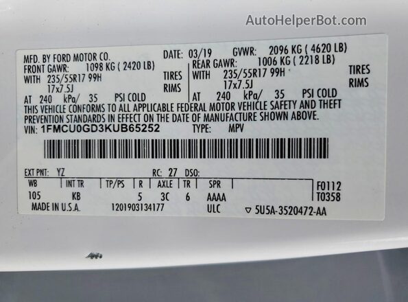 1FMCU0GD3KUB65252 2019 FORD ESCAPE White 