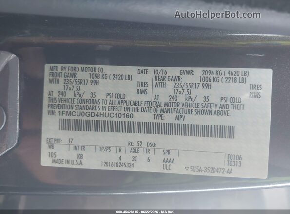 1FMCU0GD4HUC10160 2017 FORD ESCAPE Gray Widok komory silnika