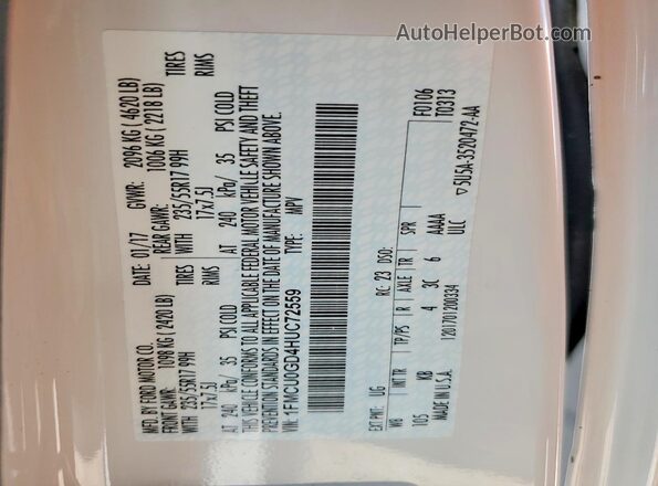 1FMCU0GD4HUC72559 2017 FORD ESCAPE White Вид наклейки з VIN-кодом