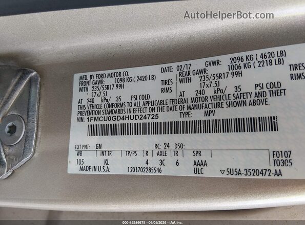 1FMCU0GD4HUD24725 2017 FORD ESCAPE Beige Вид підкапотного простору