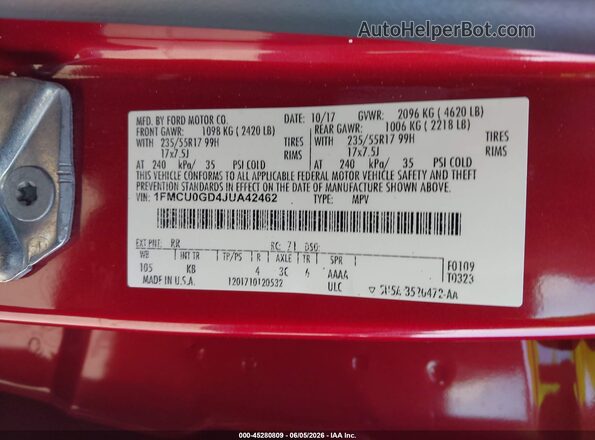1FMCU0GD4JUA42462 2018 FORD ESCAPE Red 