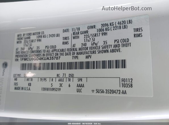 1FMCU0GD4KUA35707 2019 FORD ESCAPE Белый Вид подкапотного пространства