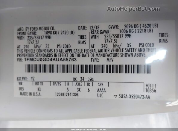 1FMCU0GD4KUA55763 2019 FORD ESCAPE White Engine compartment view