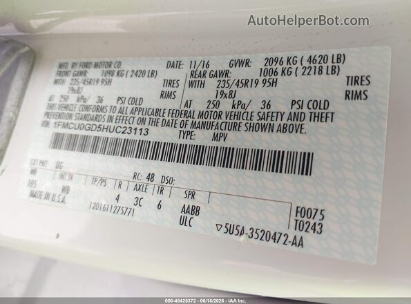 1FMCU0GD5HUC23113 2017 FORD ESCAPE White 