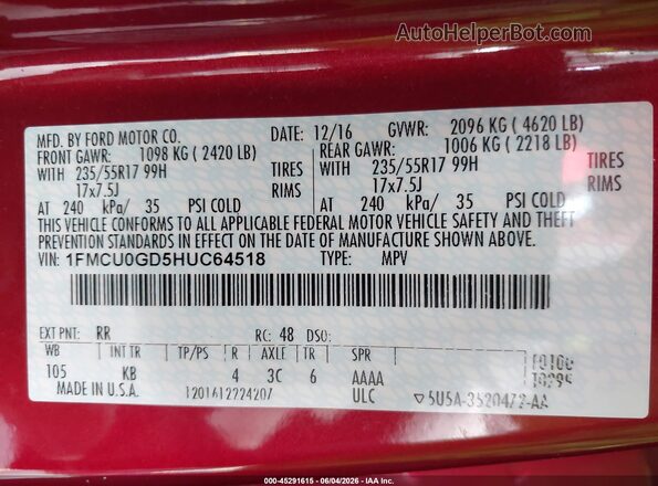 1FMCU0GD5HUC64518 2017 FORD ESCAPE Burgundy Vista del compartimento del motor