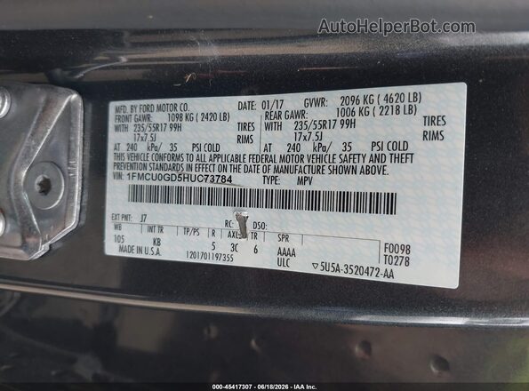 1FMCU0GD5HUC73784 2017 FORD ESCAPE Gray Շարժիչի բաժամունքի տեսք