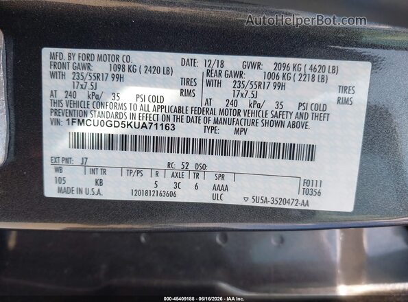 1FMCU0GD5KUA71163 2019 FORD ESCAPE Gray 