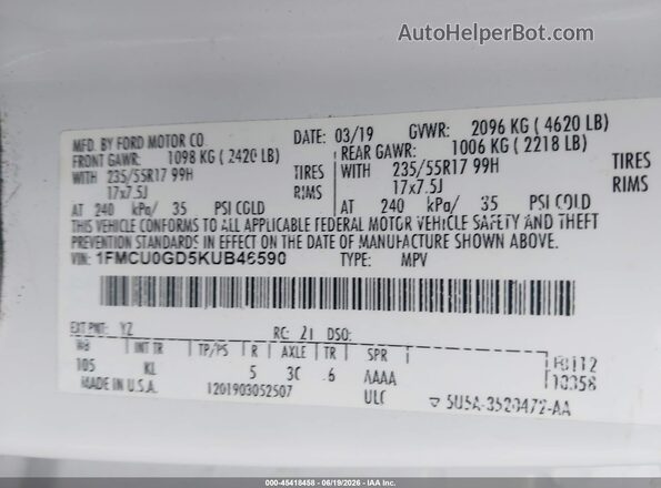 1FMCU0GD5KUB46590 2019 FORD ESCAPE Белый Вид подкапотного пространства