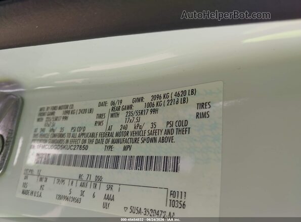 1FMCU0GD5KUC27850 2019 FORD ESCAPE White Vista del compartimento del motor