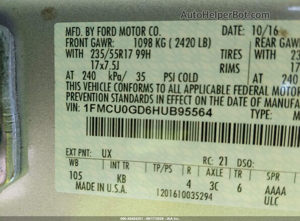1FMCU0GD6HUB95564 2017 FORD ESCAPE Silver Շարժիչի բաժամունքի տեսք