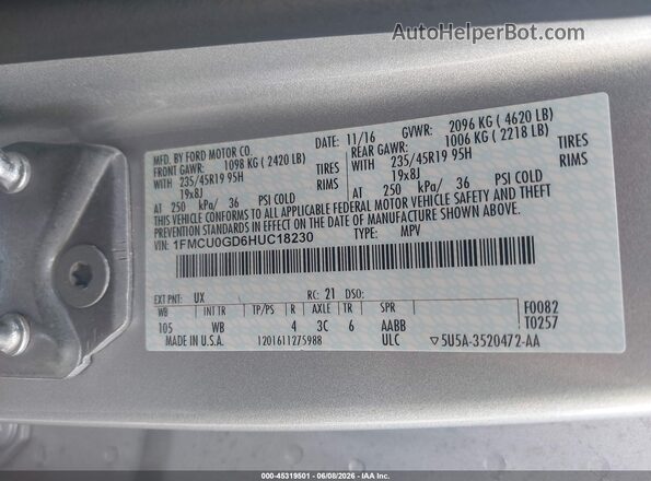 1FMCU0GD6HUC18230 2017 FORD ESCAPE Silver Engine compartment view