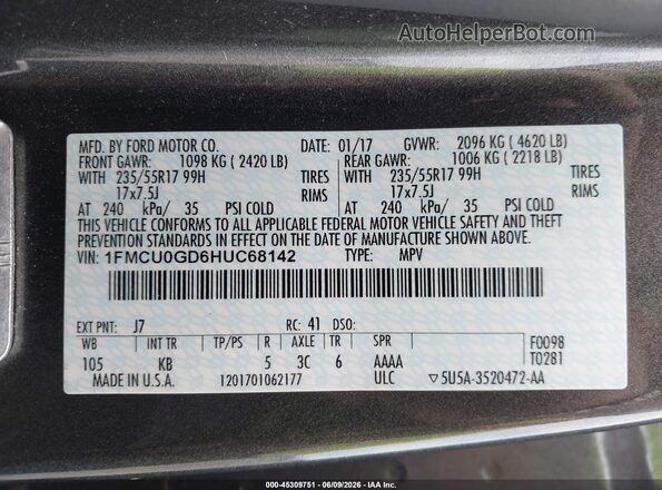 1FMCU0GD6HUC68142 2017 FORD ESCAPE Серый Вид подкапотного пространства