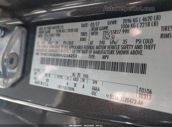 1FMCU0GD6HUD34253 2017 FORD ESCAPE Серый Вид подкапотного пространства