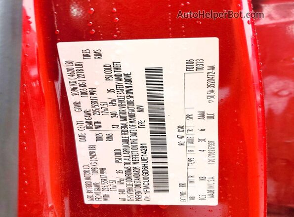 1FMCU0GD6HUE14281 2017 FORD ESCAPE Red Вид наклейки з VIN-кодом