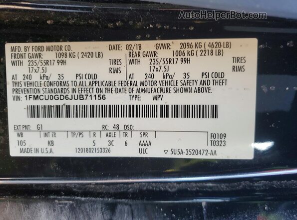 1FMCU0GD6JUB71156 2018 FORD ESCAPE Black VIN sticker view