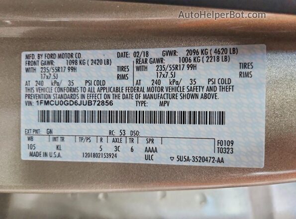1FMCU0GD6JUB72856 2018 FORD ESCAPE Золотой Вид подкапотного пространства