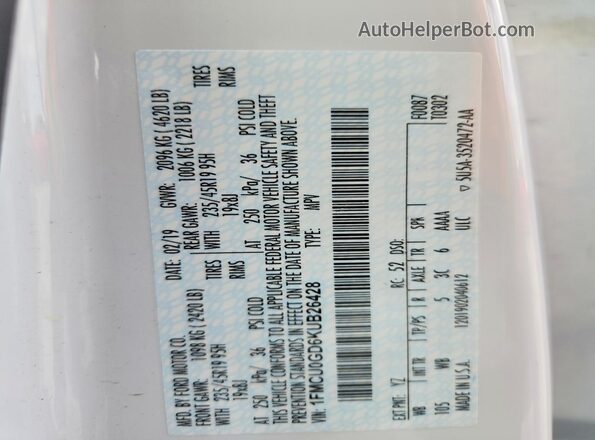 1FMCU0GD6KUB26428 2019 FORD ESCAPE White სალონის 360-გრადუსიანი ხედი