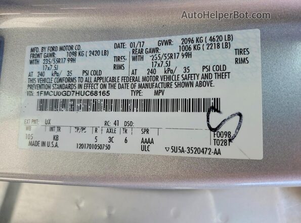1FMCU0GD7HUC68165 2017 FORD ESCAPE Silver 