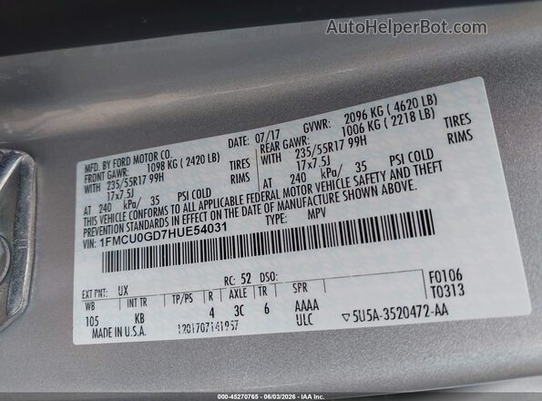 1FMCU0GD7HUE54031 2017 FORD ESCAPE Silver Engine compartment view