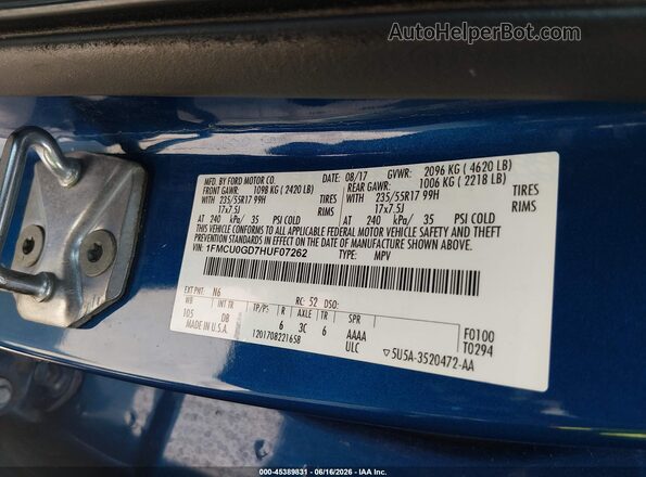 1FMCU0GD7HUF07262 2017 FORD ESCAPE Blue Շարժիչի բաժամունքի տեսք