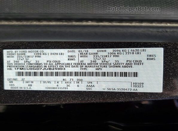 1FMCU0GD7JUB25903 2018 FORD ESCAPE Gray 