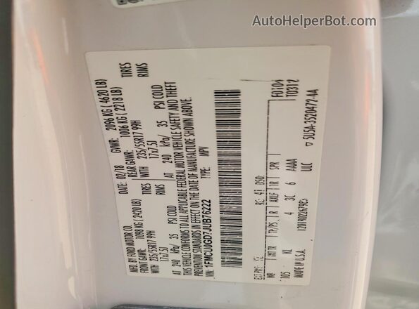 1FMCU0GD7JUB76222 2018 FORD ESCAPE Белый 