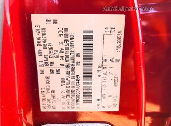 1FMCU0GD7JUC44969 2018 FORD ESCAPE Red Widok naklejki z numerem VIN