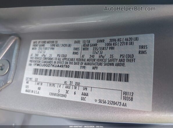 1FMCU0GD7KUA49780 2019 FORD ESCAPE Silver Вид підкапотного простору