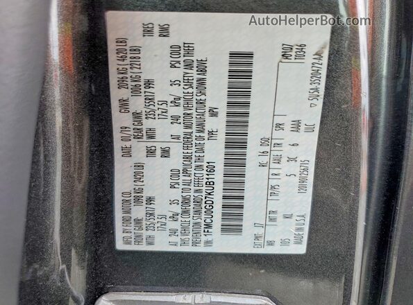 1FMCU0GD7KUB11601 2019 FORD ESCAPE Gray 