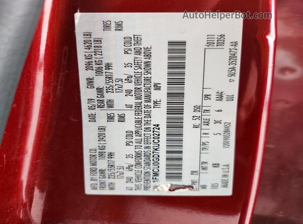1FMCU0GD7KUC02724 2019 FORD ESCAPE Red VIN կոդի պիտակի տեսք