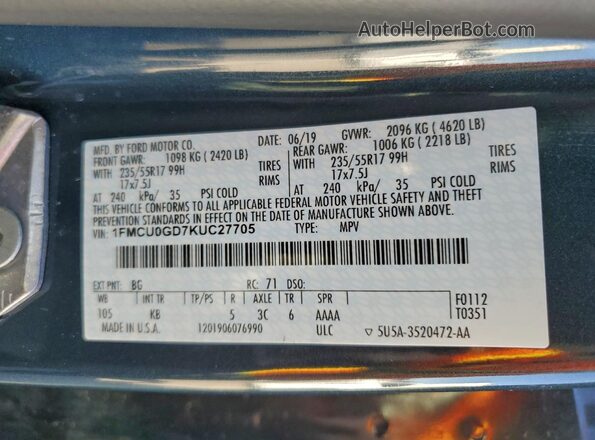 1FMCU0GD7KUC27705 2019 FORD ESCAPE Gray VIN sticker view