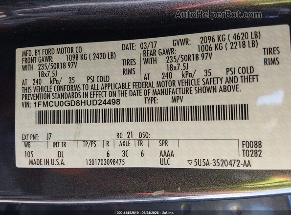 1FMCU0GD8HUD24498 2017 FORD ESCAPE Серый Вид подкапотного пространства