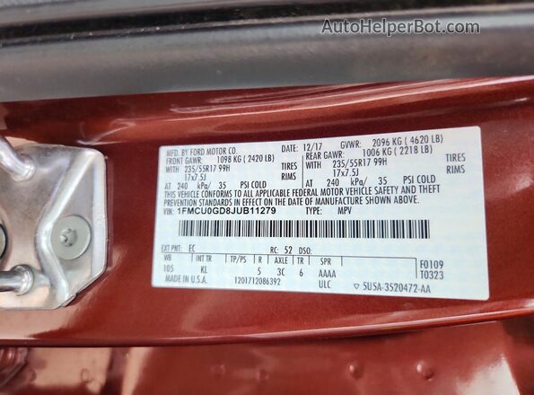 1FMCU0GD8JUB11279 2018 FORD ESCAPE Темно-бордовый Панорамный вид салона 360°