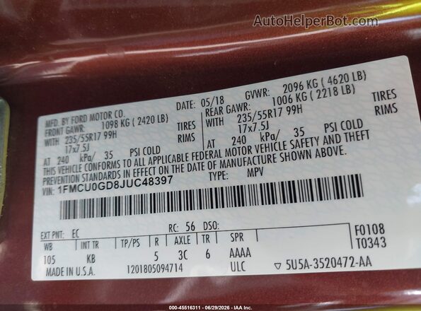 1FMCU0GD8JUC48397 2018 FORD ESCAPE Red Vista del compartimento del motor