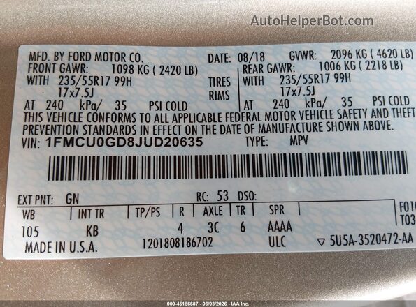 1FMCU0GD8JUD20635 2018 FORD ESCAPE Beige Vista del compartimento del motor