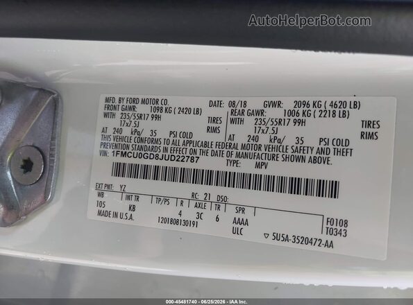 1FMCU0GD8JUD22787 2018 FORD ESCAPE White ძრავის განყოფილების ხედი