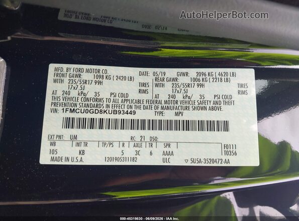 1FMCU0GD8KUB93449 2019 FORD ESCAPE Black Շարժիչի բաժամունքի տեսք