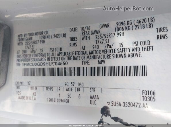1FMCU0GD9HUC04550 2017 FORD ESCAPE Белый Вид подкапотного пространства