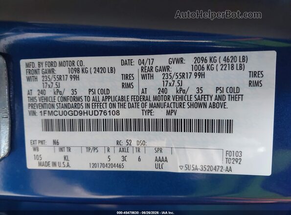 1FMCU0GD9HUD76108 2017 FORD ESCAPE Blue Շարժիչի բաժամունքի տեսք