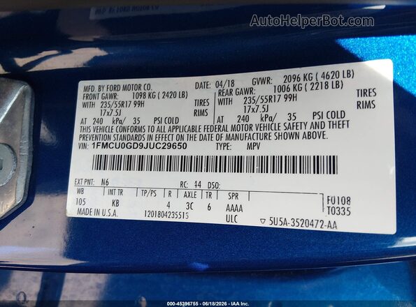 1FMCU0GD9JUC29650 2018 FORD ESCAPE Blue Вид підкапотного простору