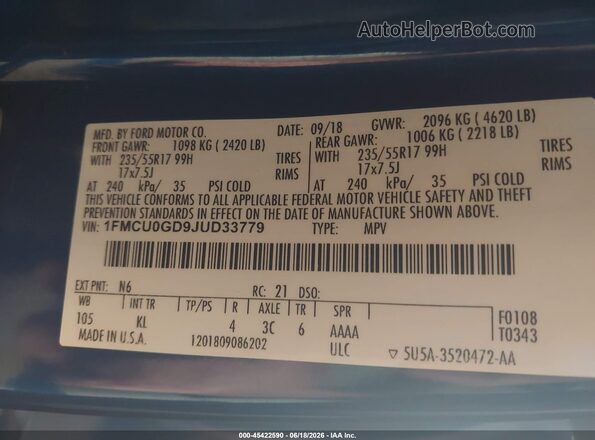1FMCU0GD9JUD33779 2018 FORD ESCAPE Blue Вид підкапотного простору