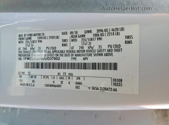 1FMCU0GD9JUD37802 2018 FORD ESCAPE White 