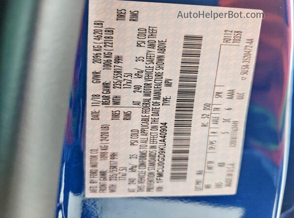 1FMCU0GD9KUA40904 2019 FORD ESCAPE Blue Widok naklejki z numerem VIN