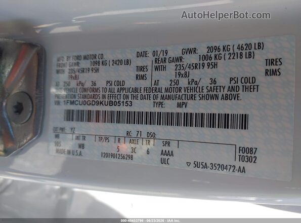 1FMCU0GD9KUB05153 2019 FORD ESCAPE White Widok komory silnika