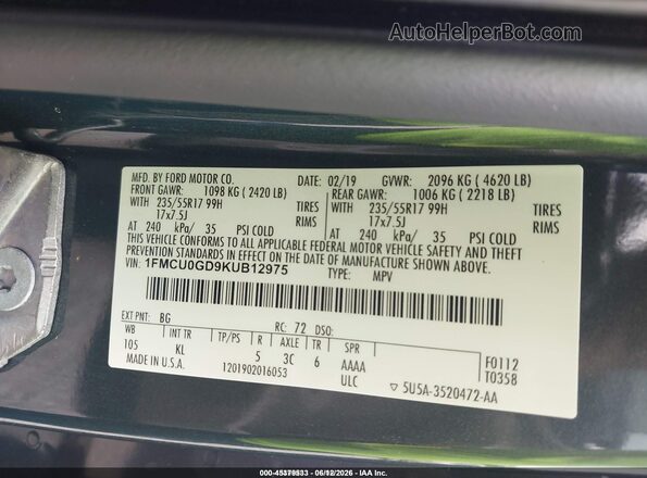 1FMCU0GD9KUB12975 2019 FORD ESCAPE Blue Вид підкапотного простору