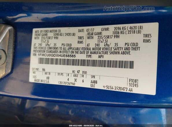 1FMCU0GDXHUE68585 2017 FORD ESCAPE Blue Շարժիչի բաժամունքի տեսք