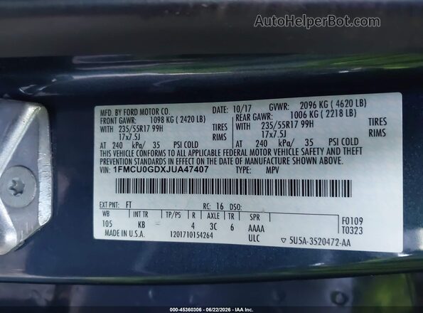 1FMCU0GDXJUA47407 2018 FORD ESCAPE Синий Вид подкапотного пространства