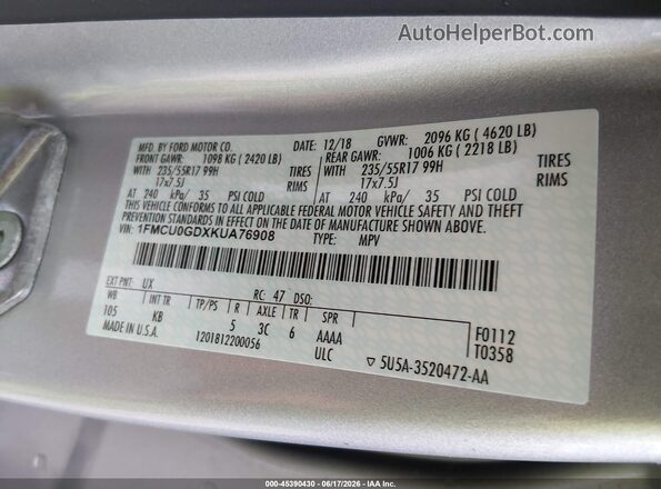 1FMCU0GDXKUA76908 2019 FORD ESCAPE Silver Widok komory silnika
