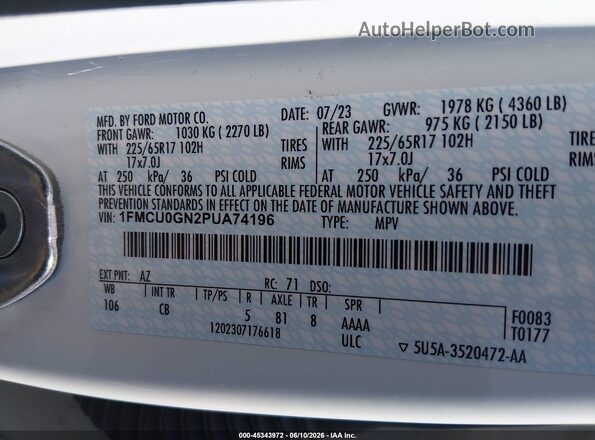 1FMCU0GN2PUA74196 2023 FORD ESCAPE White Вид підкапотного простору