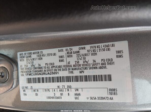 1FMCU0GN2RUA25051 2024 FORD ESCAPE Gray Engine compartment view